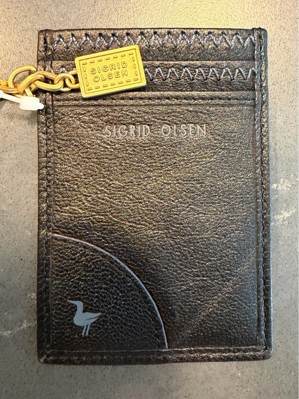 Sigrid Olsen Black Leather Card Holder Keychain with Gold Hardware
